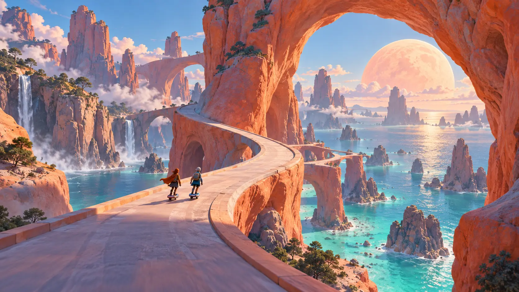 Ilustração original: dois exploradores cruzam juntos uma paisagem de arcos e mar turquesa